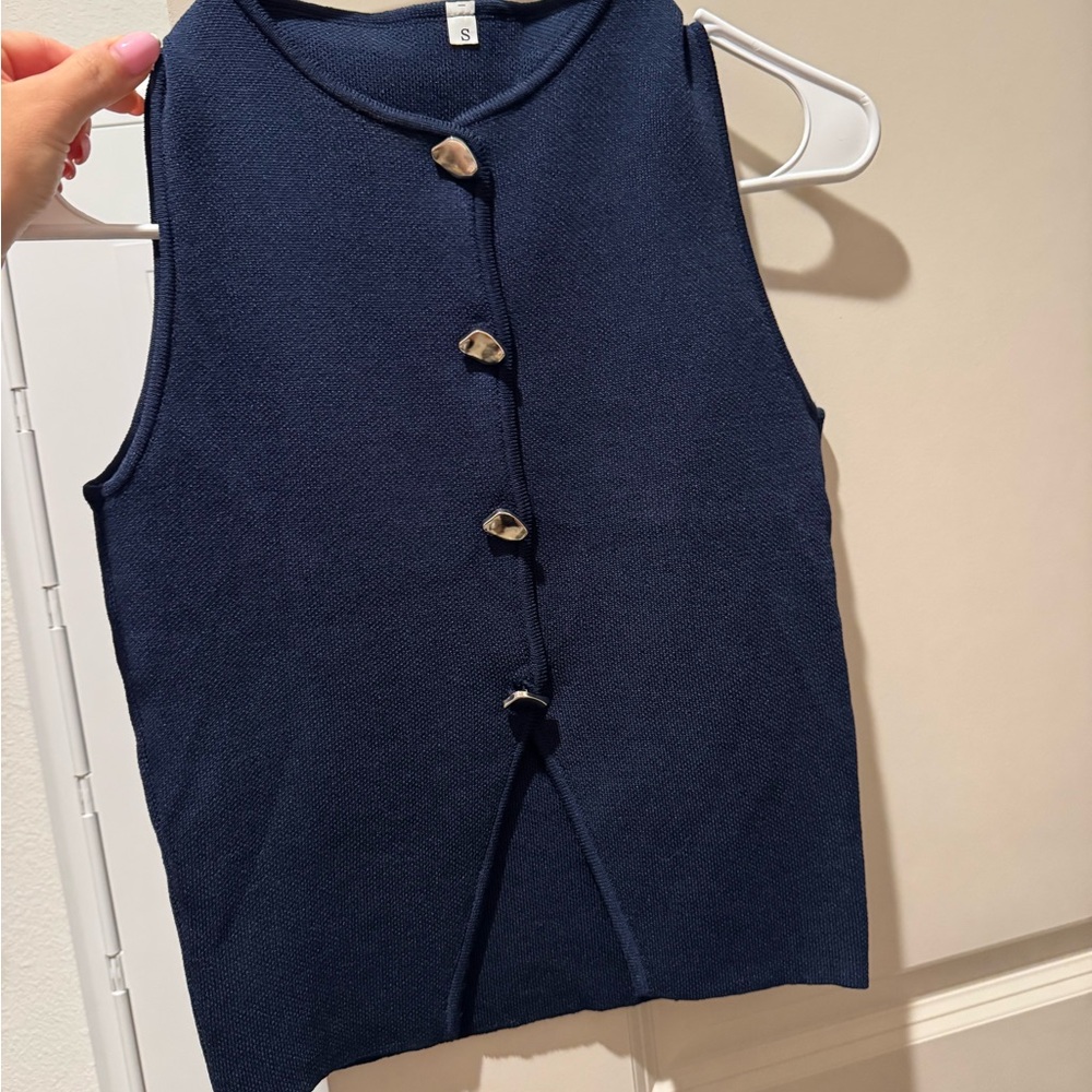 Navy Sleeveless Button-Up Top